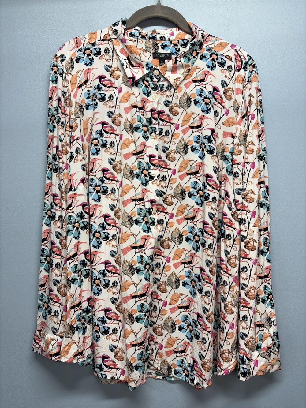 Talbots Top 1X Plus Shirt Bird Print Floral Off White Button Up Collared